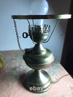 Antique Vtg Brass Electric Oil Lamp With Gold Brown Striped Shade 18 Tall X 9