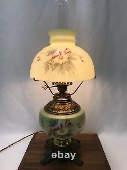 Antique Vtg Glass Parlor Lamp Hand Painted Pansies Banquet Oil Hurricane GWTW