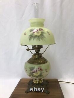 Antique Vtg Glass Parlor Lamp Hand Painted Pansies Banquet Oil Hurricane GWTW