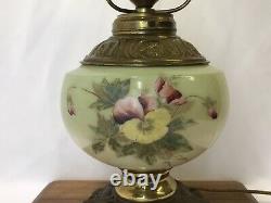 Antique Vtg Glass Parlor Lamp Hand Painted Pansies Banquet Oil Hurricane GWTW