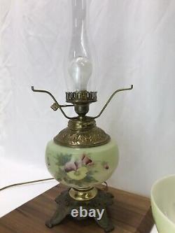 Antique Vtg Glass Parlor Lamp Hand Painted Pansies Banquet Oil Hurricane GWTW