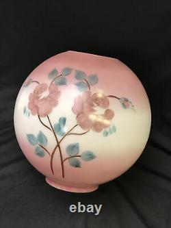 Antique Vtg Hand Painted Glass Ball Oil Lamp Shade Globe Pink Roses, GWTW, Piano