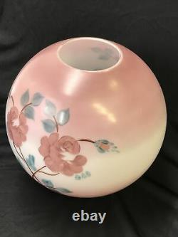 Antique Vtg Hand Painted Glass Ball Oil Lamp Shade Globe Pink Roses, GWTW, Piano