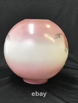 Antique Vtg Hand Painted Glass Ball Oil Lamp Shade Globe Pink Roses, GWTW, Piano