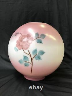 Antique Vtg Hand Painted Glass Ball Oil Lamp Shade Globe Pink Roses, GWTW, Piano