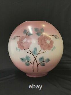 Antique Vtg Hand Painted Glass Ball Oil Lamp Shade Globe Pink Roses, GWTW, Piano