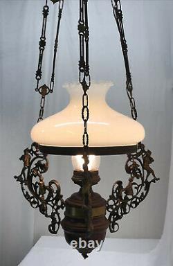 Antique Vtg Hanging Oil Lamp Chandelier PIED PIPER Children Country Store Wood