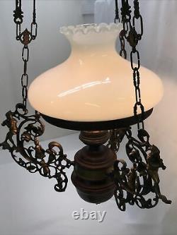Antique Vtg Hanging Oil Lamp Chandelier PIED PIPER Children Country Store Wood