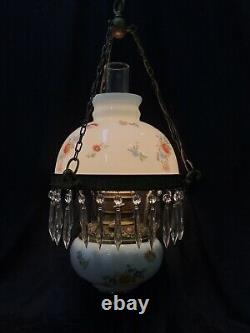 Antique Vtg Hanging Oil Lamp Floral Glass Shade & Crystals GWTW Light Bohemian