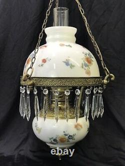 Antique Vtg Hanging Oil Lamp Floral Glass Shade & Crystals GWTW Light Bohemian