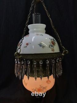 Antique Vtg Hanging Oil Lamp Floral Glass Shade & Crystals GWTW Light Bohemian