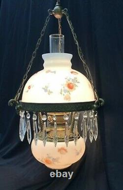 Antique Vtg Hanging Oil Lamp Floral Glass Shade & Crystals GWTW Light Bohemian