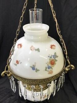 Antique Vtg Hanging Oil Lamp Floral Glass Shade & Crystals GWTW Light Bohemian
