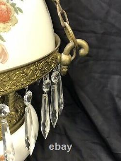 Antique Vtg Hanging Oil Lamp Floral Glass Shade & Crystals GWTW Light Bohemian