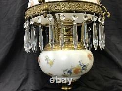 Antique Vtg Hanging Oil Lamp Floral Glass Shade & Crystals GWTW Light Bohemian