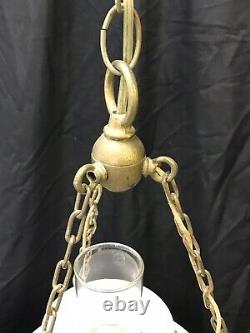 Antique Vtg Hanging Oil Lamp Floral Glass Shade & Crystals GWTW Light Bohemian