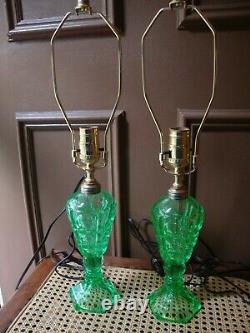 Antique Vtg Match Set Vaseline Uranium Glass Sandwich Oil Lamps UV Glow