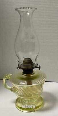 Antique Vtg Uranium Vaseline Glass Oil Lamp Green Finger Loop Depression