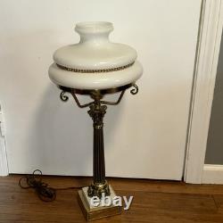 Antique Vtg Victorian Art Deco Elec Banquet Oil Lamp Pedestal Marble Glass Brass