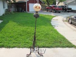 Antique WROUGHT IRON Oil Floor Lamp extends Hand Painted Shade 1895