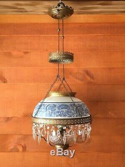 Antique W. B. G. Corporation Hanging Oil Chandelier Lamp with Shade and Prisms