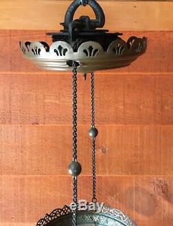 Antique W. B. G. Corporation Hanging Oil Chandelier Lamp with Shade and Prisms