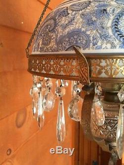 Antique W. B. G. Corporation Hanging Oil Chandelier Lamp with Shade and Prisms