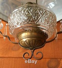 Antique W. B. G. Corporation Hanging Oil Chandelier Lamp with Shade and Prisms