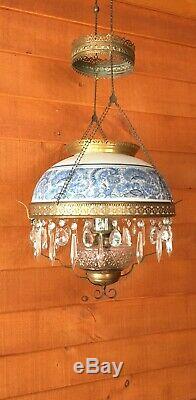 Antique W. B. G. Corporation Hanging Oil Chandelier Lamp with Shade and Prisms