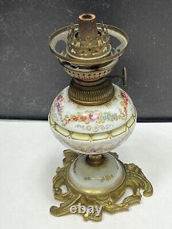 Antique W&W Kosmos Oil Lamp w Hand Painted Continental Porcelain & Ormolu Base