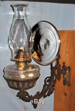 Antique Wall Bracket Oil Lamp'b&h' Back Plate Holder Font Reflector 1880 #2