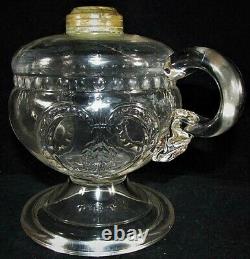 Antique Wheat In Shield EAPG Clear Glass Oil / Kerosene Footed Hand Lamp 1871