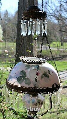 Antique White Rose Parlor Library Oil Lamp Glass Shade Brass Hanging Lamp