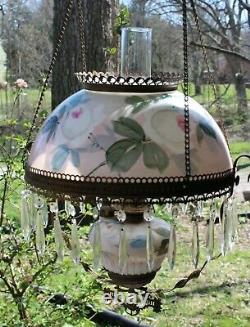 Antique White Rose Parlor Library Oil Lamp Glass Shade Brass Hanging Lamp