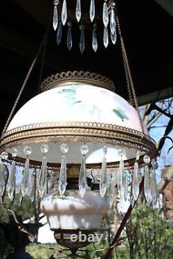 Antique White Rose Parlor Library Oil Lamp Glass Shade Brass Hanging Lamp