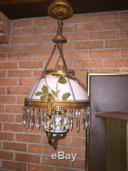 Antique Working Retractable Victorian Hanging Oil Library Parlor 30 Crystal Lamp