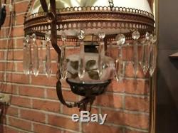 Antique Working Retractable Victorian Hanging Oil Library Parlor 30 Crystal Lamp