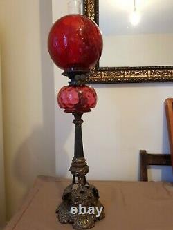 Antique Wright And Butler Ornate brass And Cranberry Glass Oil Lamp