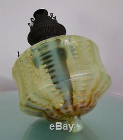 Antique Xix° Opalescent Vaseline Glass Oil Kerosene Lamp Iron Base