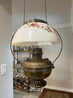 Antique (Year 1893) Brass Hanging Oil Lamp withGlass Shade, 33 High, 16 Widest