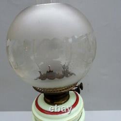 Antique Young's Duplex Oil Lamp Green Opaline Glass with Acid Etched Shade