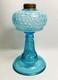 Antique blue opalescent coin dot, leaf and Jewel base oil lamp old Victorian