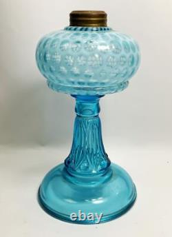 Antique blue opalescent coin dot, leaf and Jewel base oil lamp old Victorian