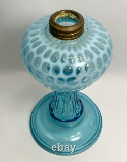 Antique blue opalescent coin dot, leaf and Jewel base oil lamp old Victorian
