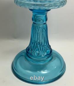 Antique blue opalescent coin dot, leaf and Jewel base oil lamp old Victorian