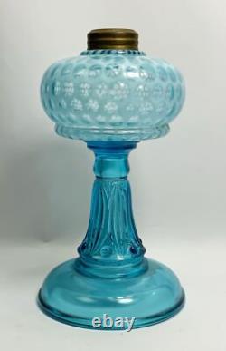Antique blue opalescent coin dot, leaf and Jewel base oil lamp old Victorian