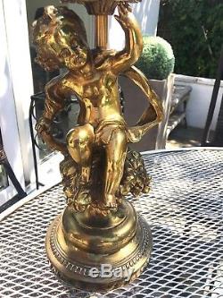 Antique brass cherub oil lamp putti