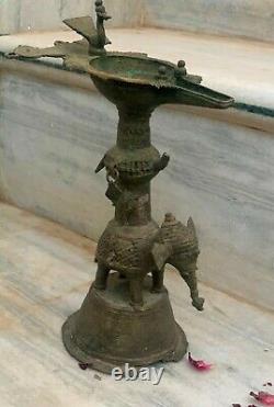 Antique brass oil lamp carved elephant statue old condition traditional dipak