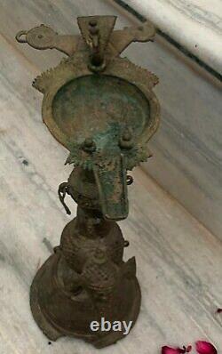 Antique brass oil lamp carved elephant statue old condition traditional dipak