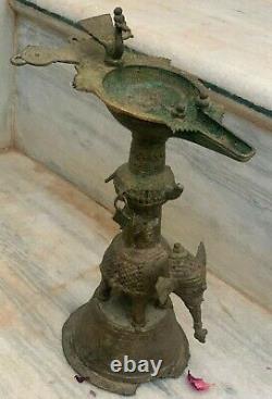 Antique brass oil lamp carved elephant statue old condition traditional dipak